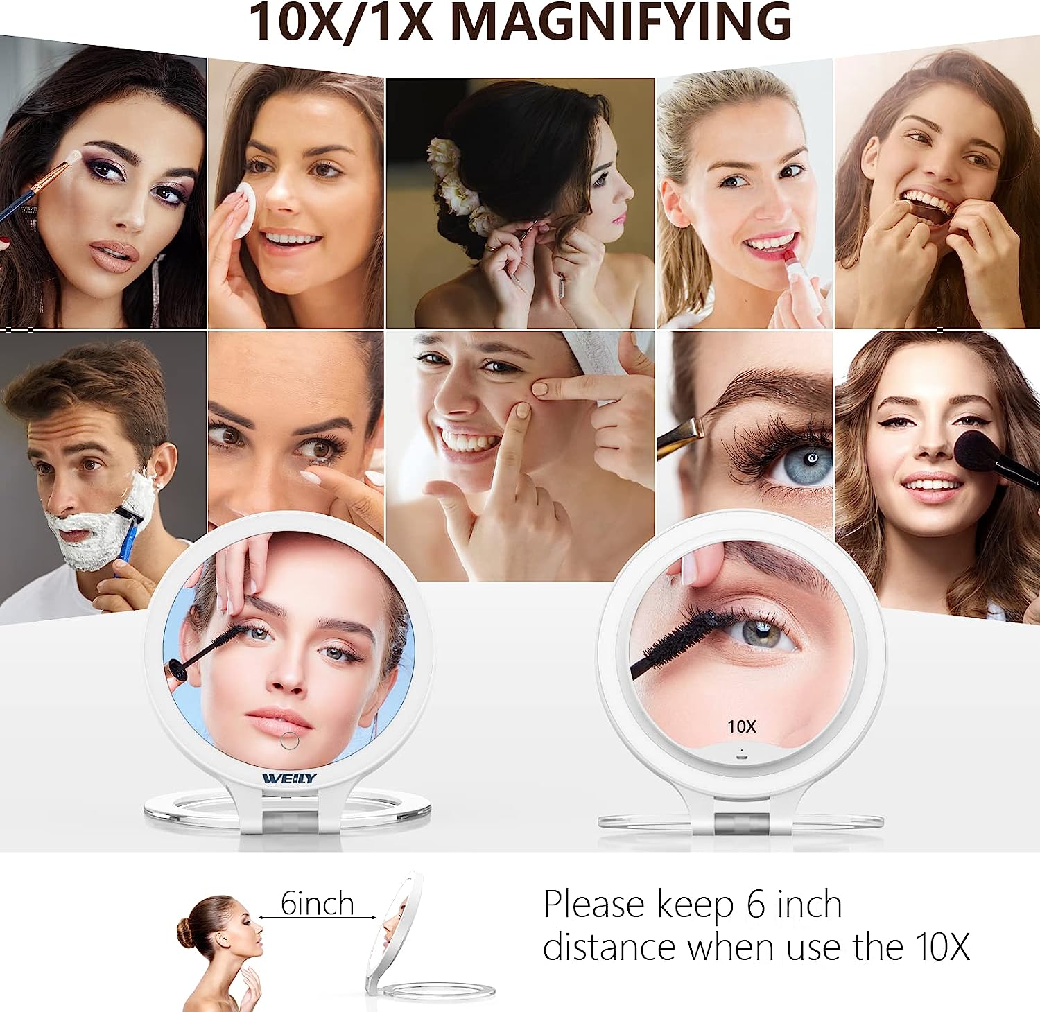 WEILY Specchio Trucco 10X/1X con Luci LED Doppio Lato Bianco
