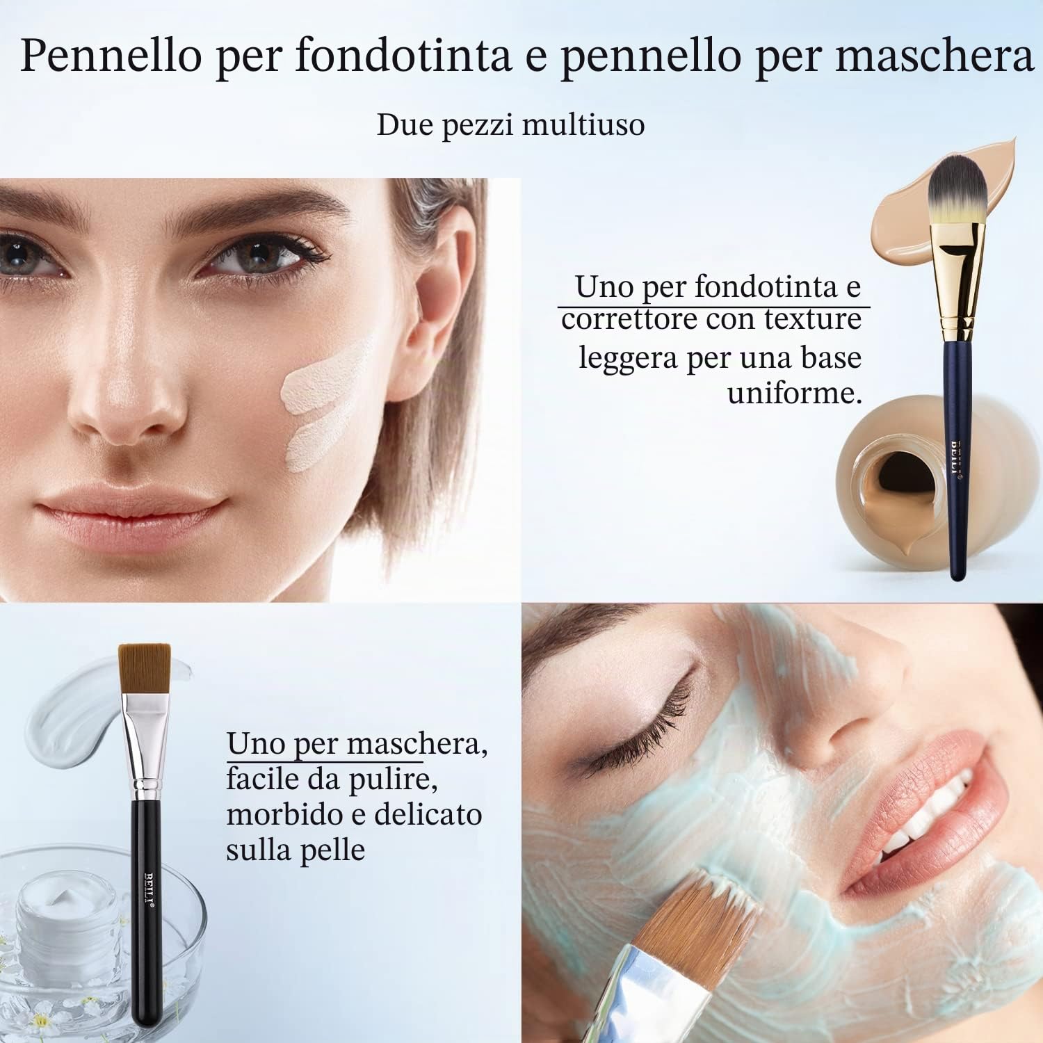 BEILI Set 2 Pennelli Fondotinta Piatto Legno