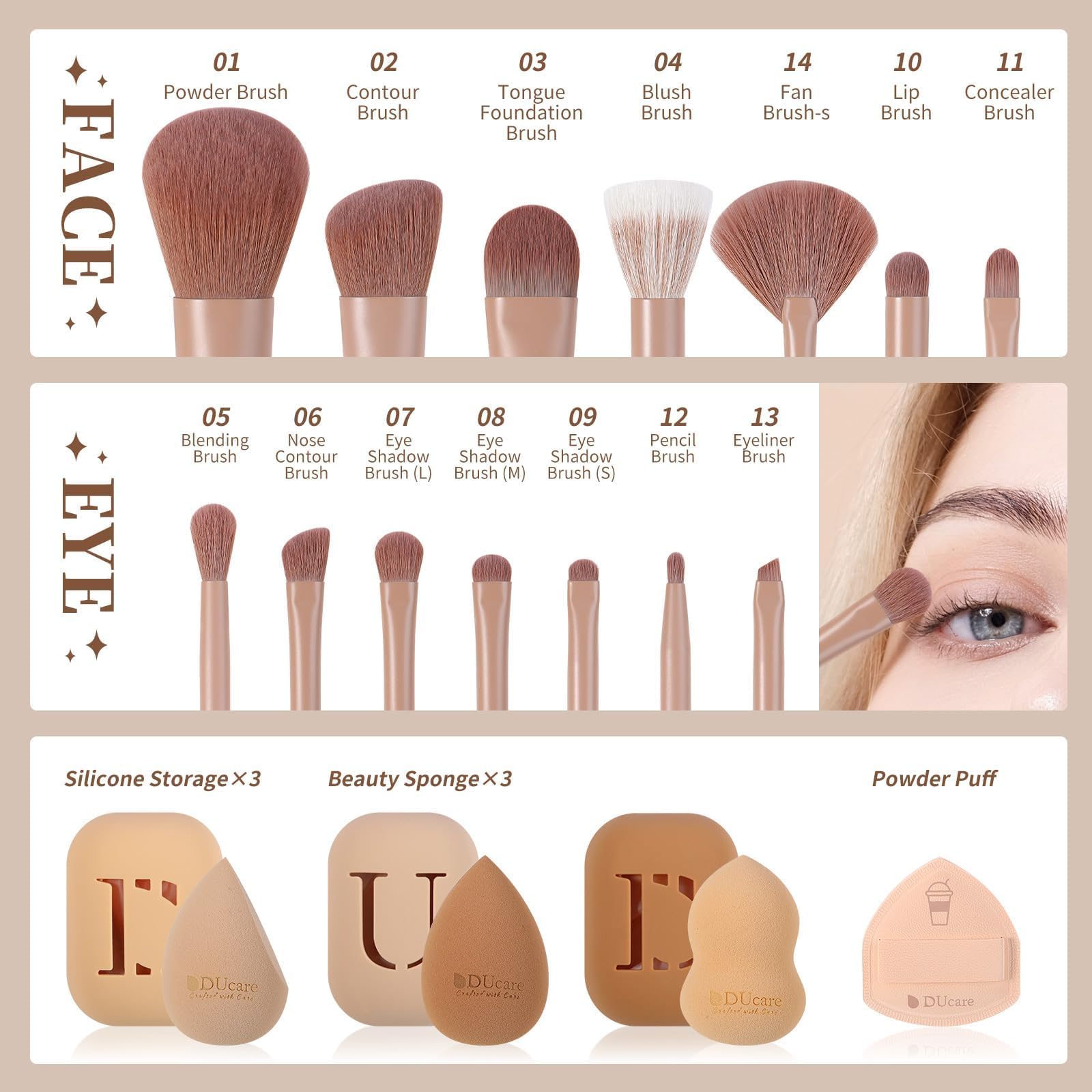 DUcare Coffee Set Pennelli Trucco 14 Pezzi con Spugne