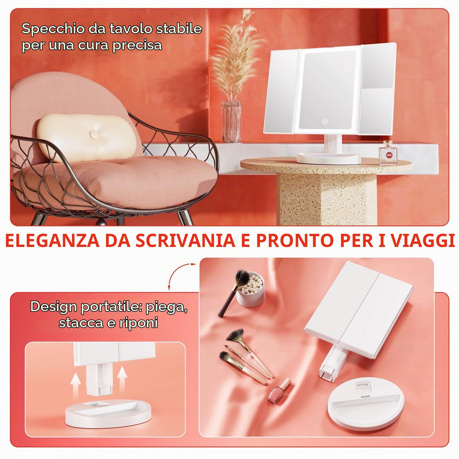 Auxmir Specchio Trucco con Luci 1X/5X/10X Bianco Ricaricabile