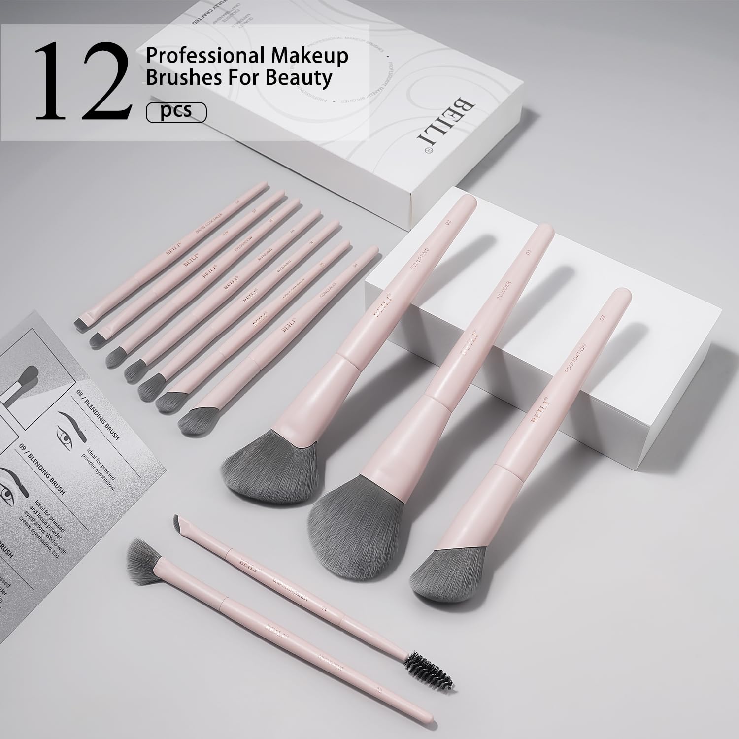 BEILI Set 12 Pennelli Trucco Rosa Sintetici Vegani