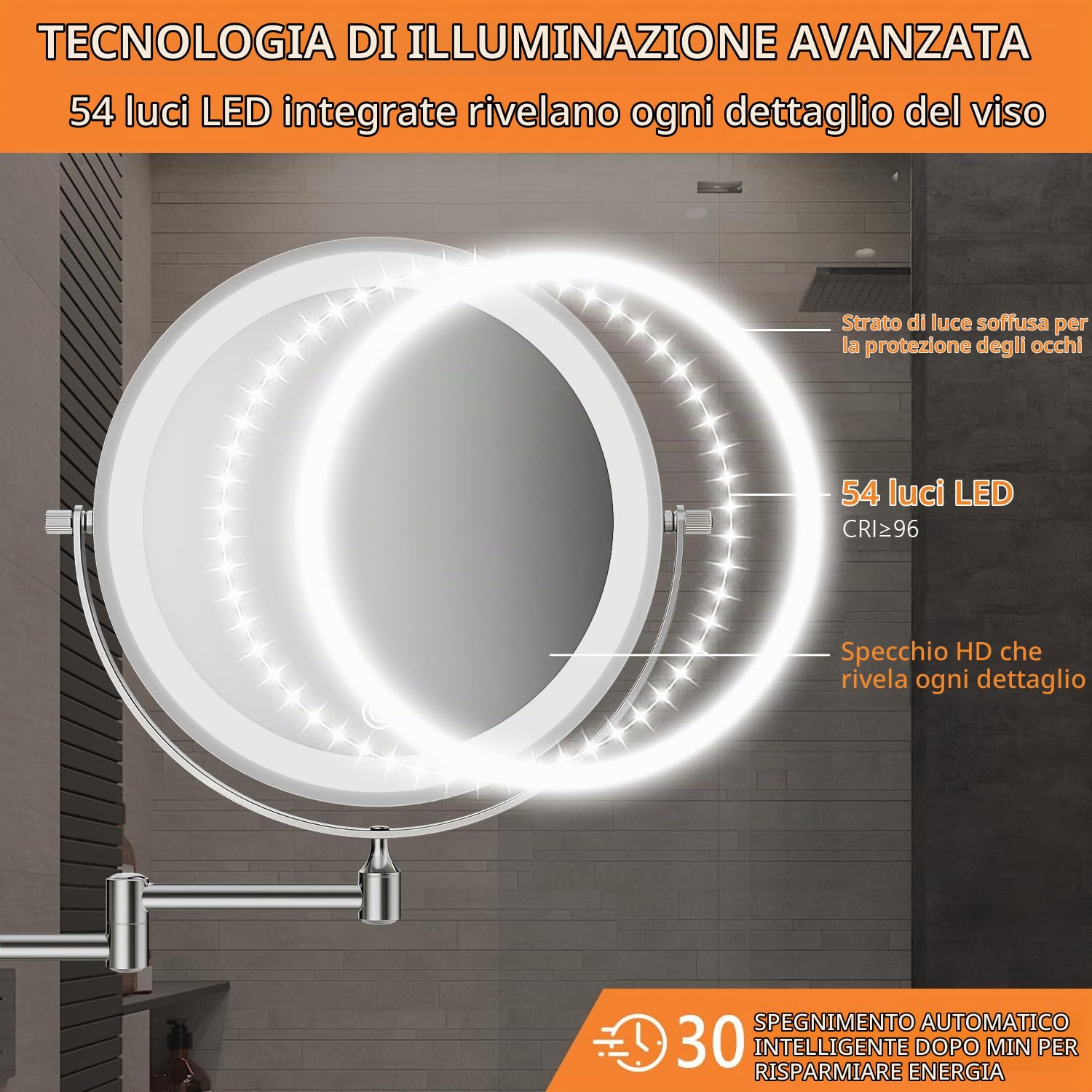 Auxmir 20X/1X specchio trucco parete argento LED