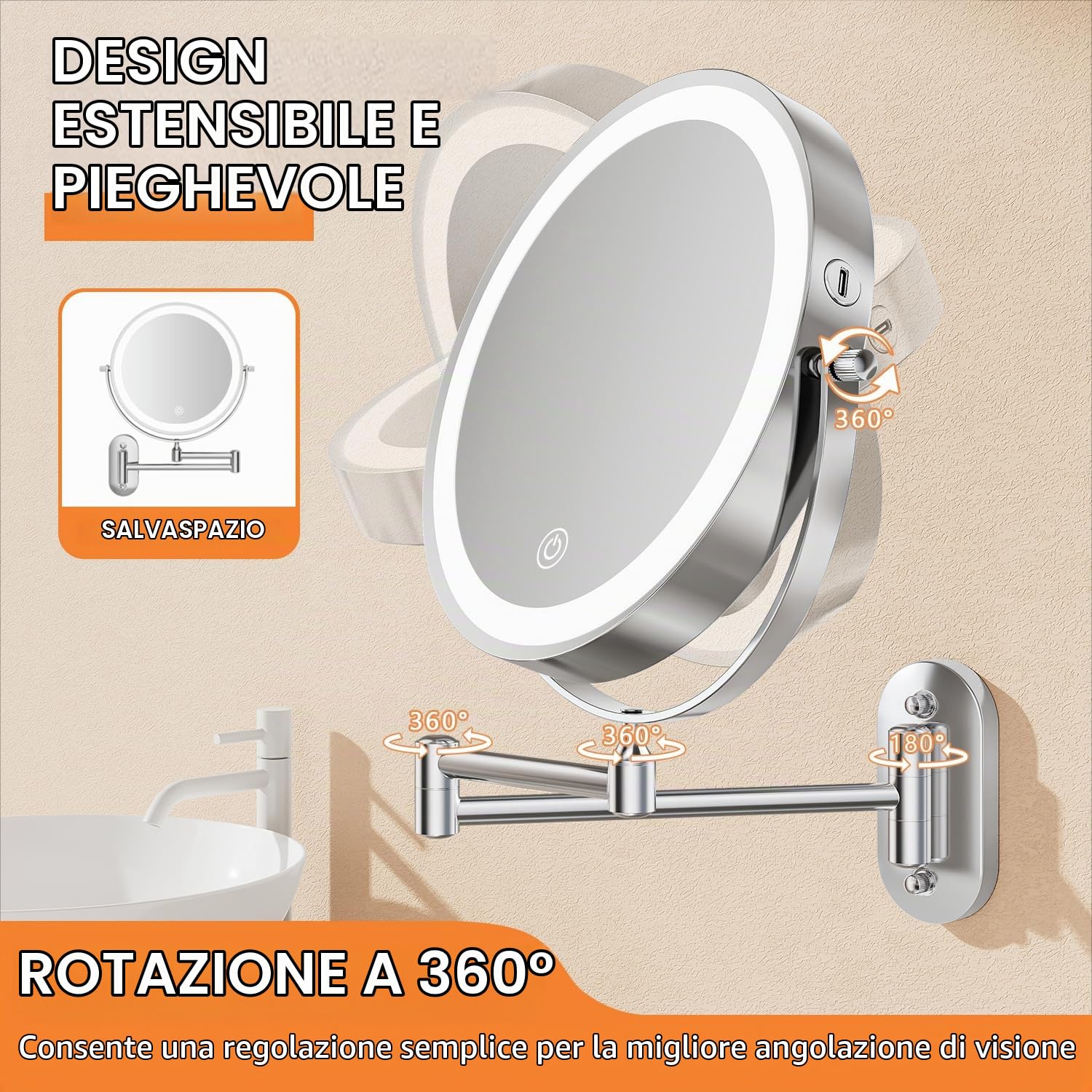 Auxmir 20X/1X specchio trucco parete argento LED