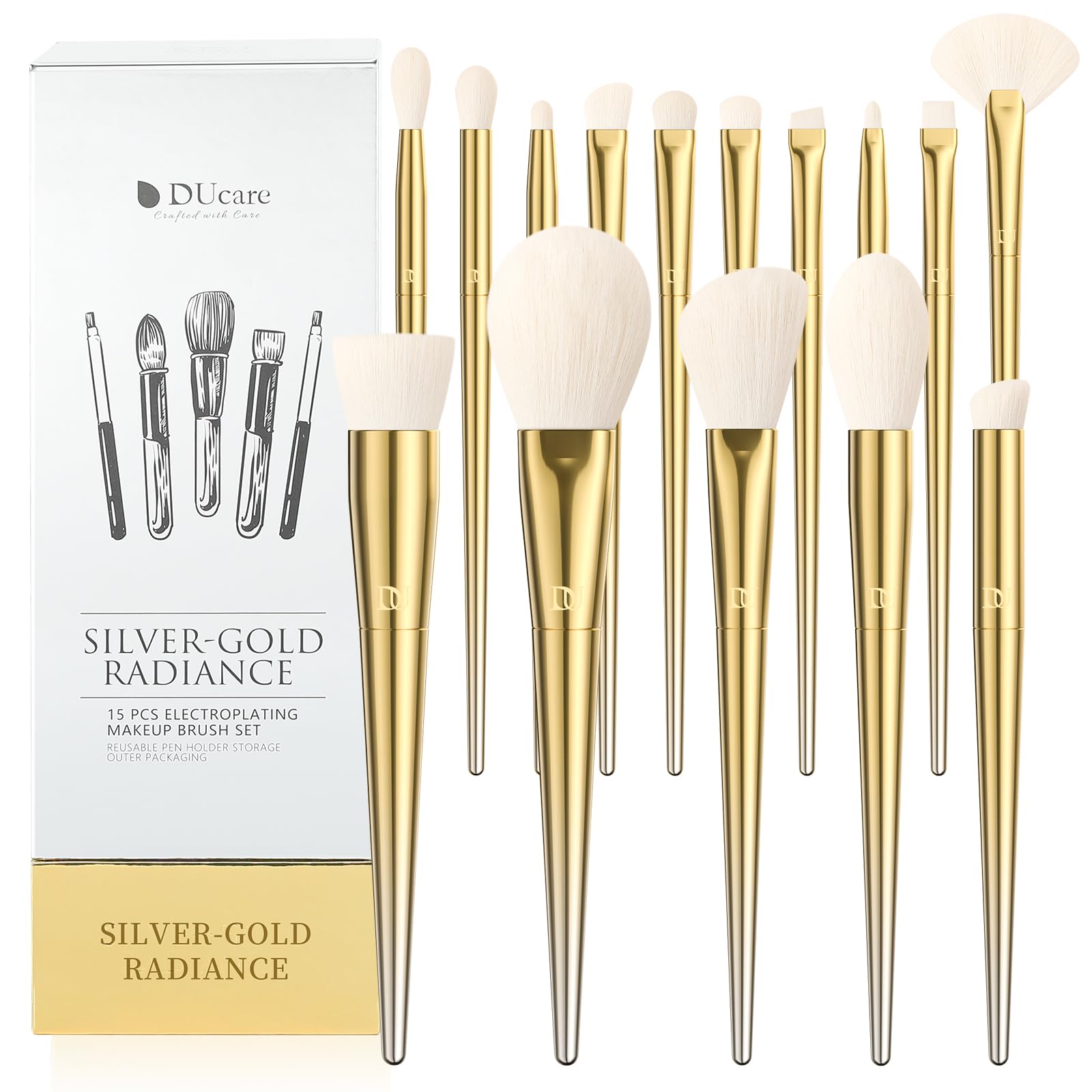 DUcare Set Pennelli Trucco 15 Pezzi Oro con Supporto