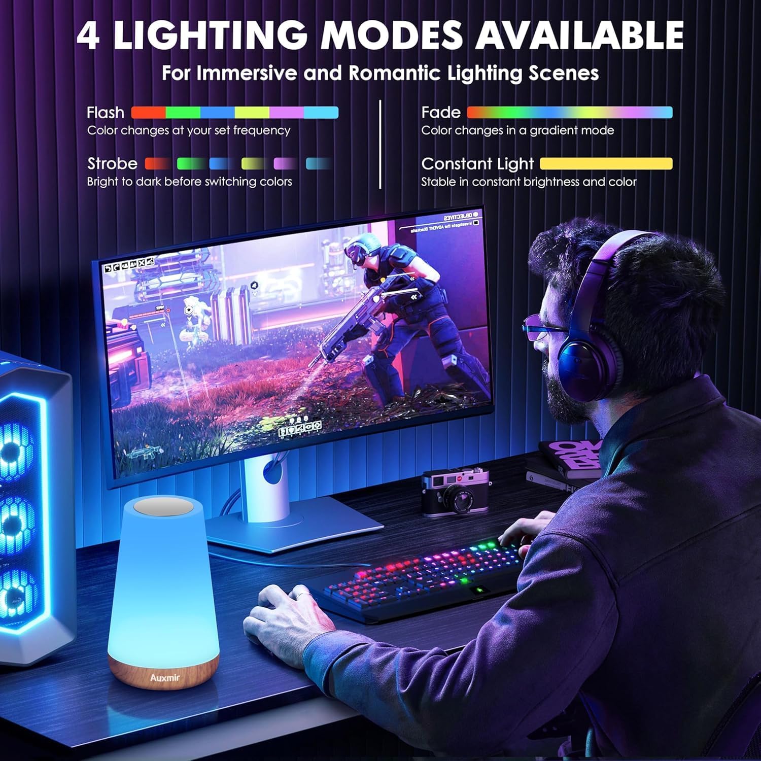 Auxmir Lampada da Comodino Touch Marrone LED RGB Ricaricabile