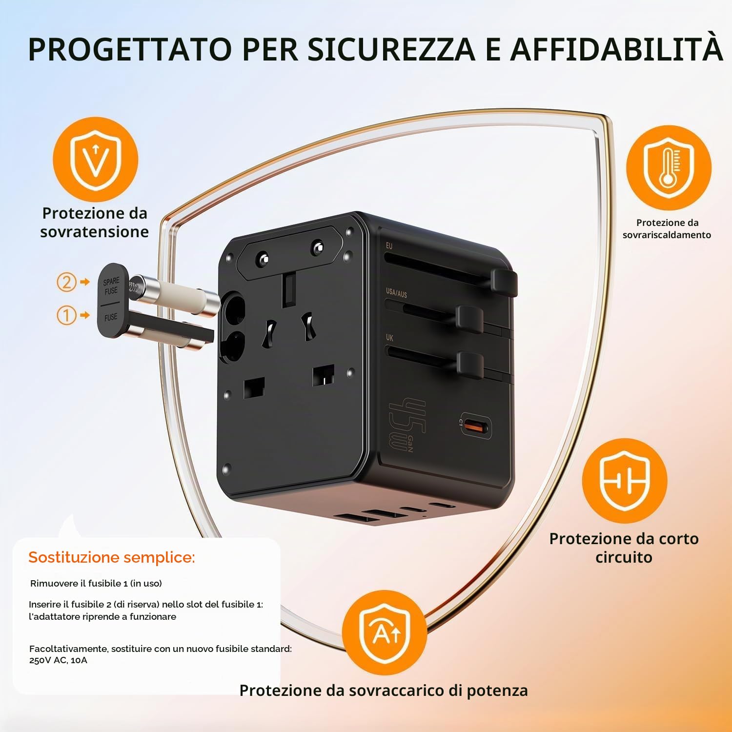 Auxmir Adattatore Viaggio Universale 45W Nero