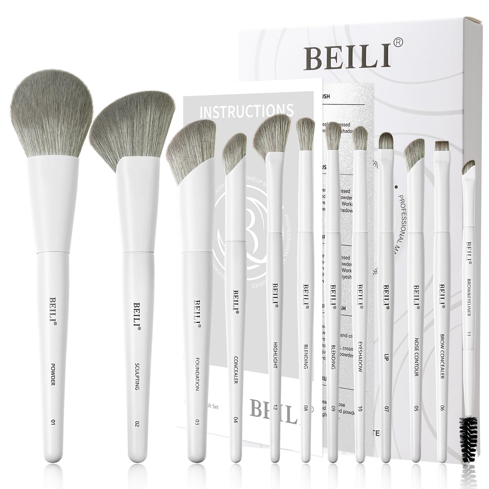 BEILI Set Pennelli Trucco 12 Pezzi Bianchi Vegani