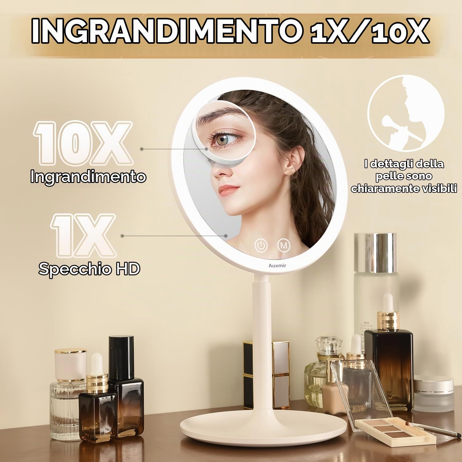 Auxmir Specchio Trucco Specchio da Tavolo 10X LED Ricaricabile