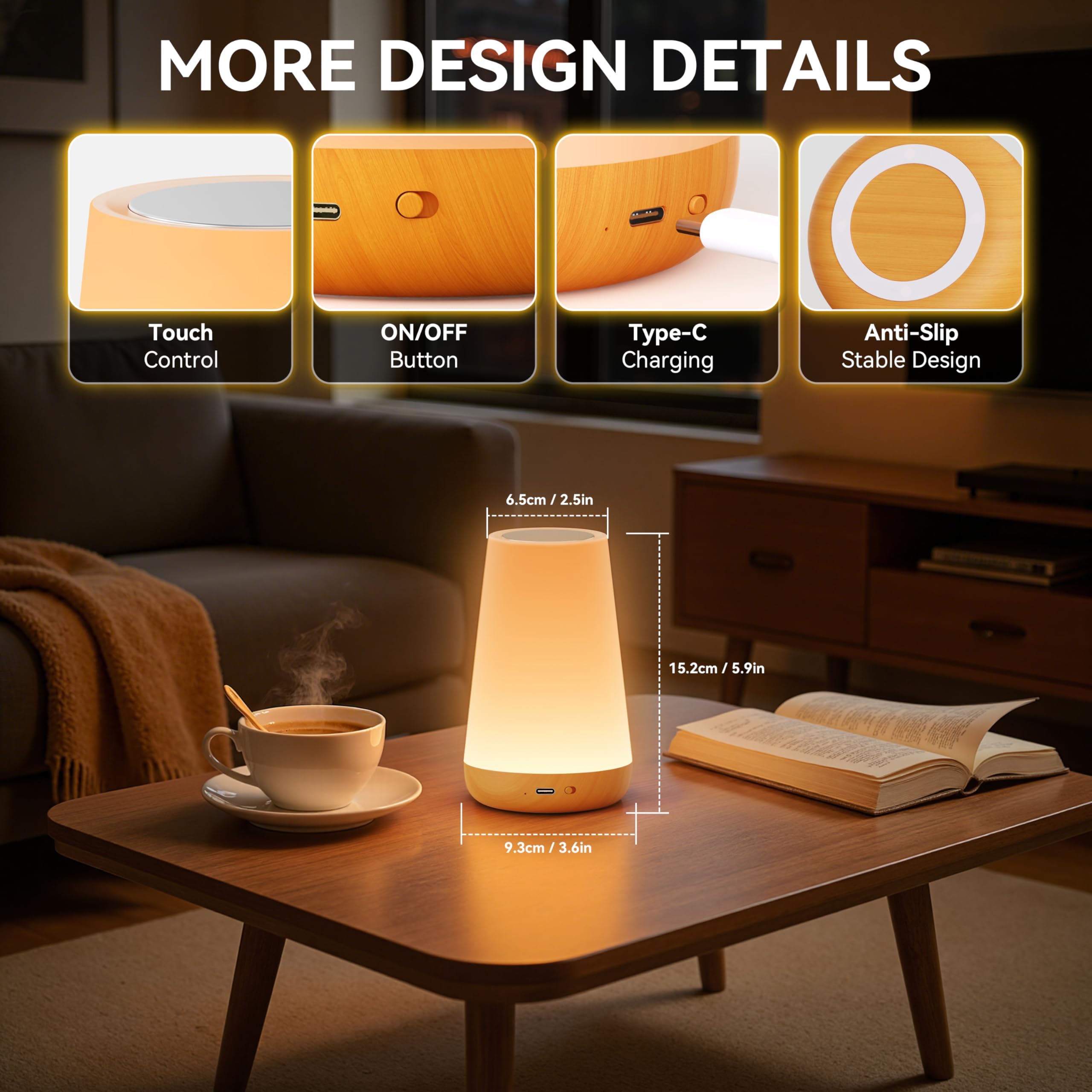 Auxmir Lampada da Comodino Touch Marrone LED RGB Ricaricabile