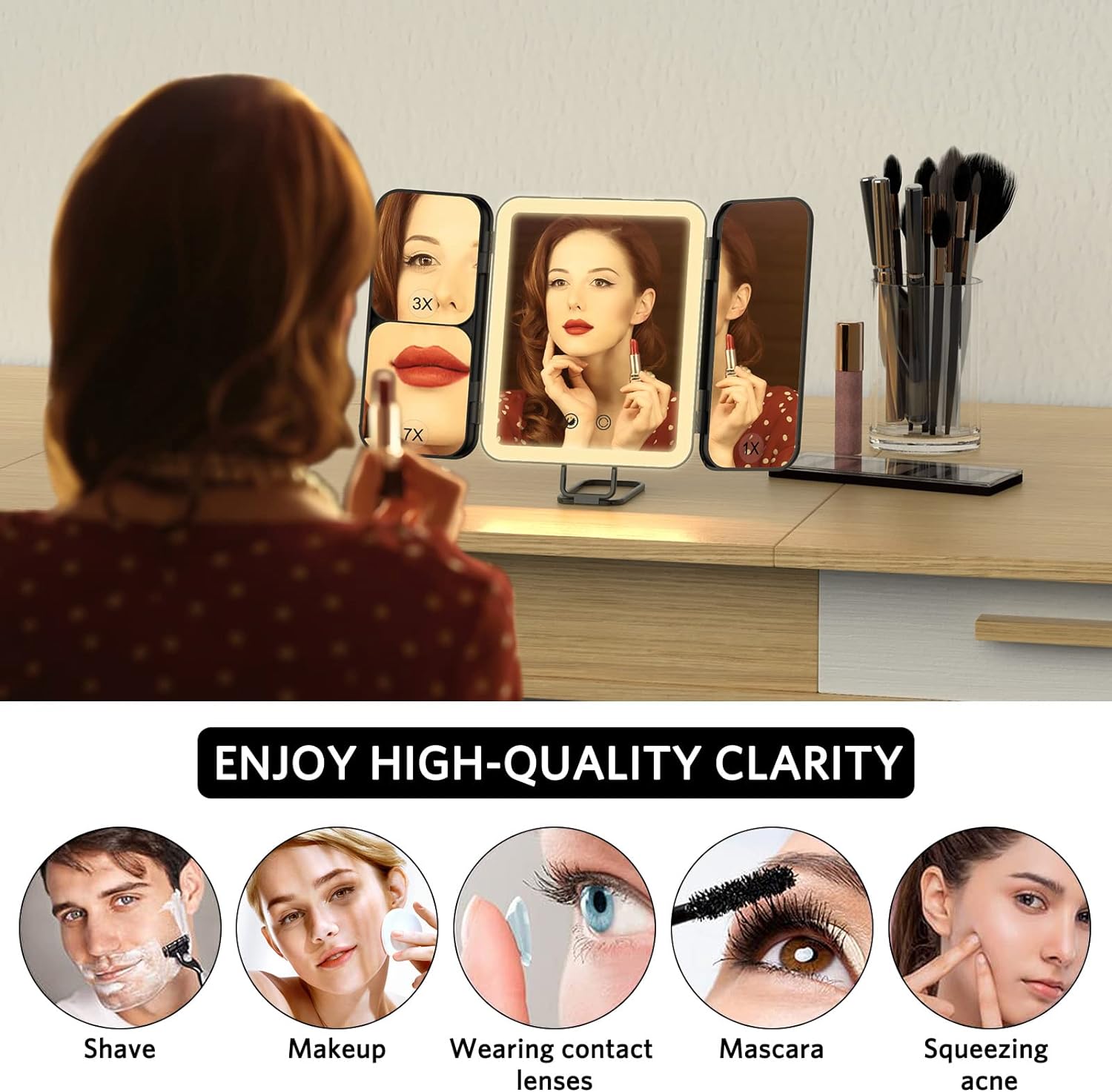 WEILY Specchio Trucco da Viaggio con Luci 1X 3X 7X Pieghevole