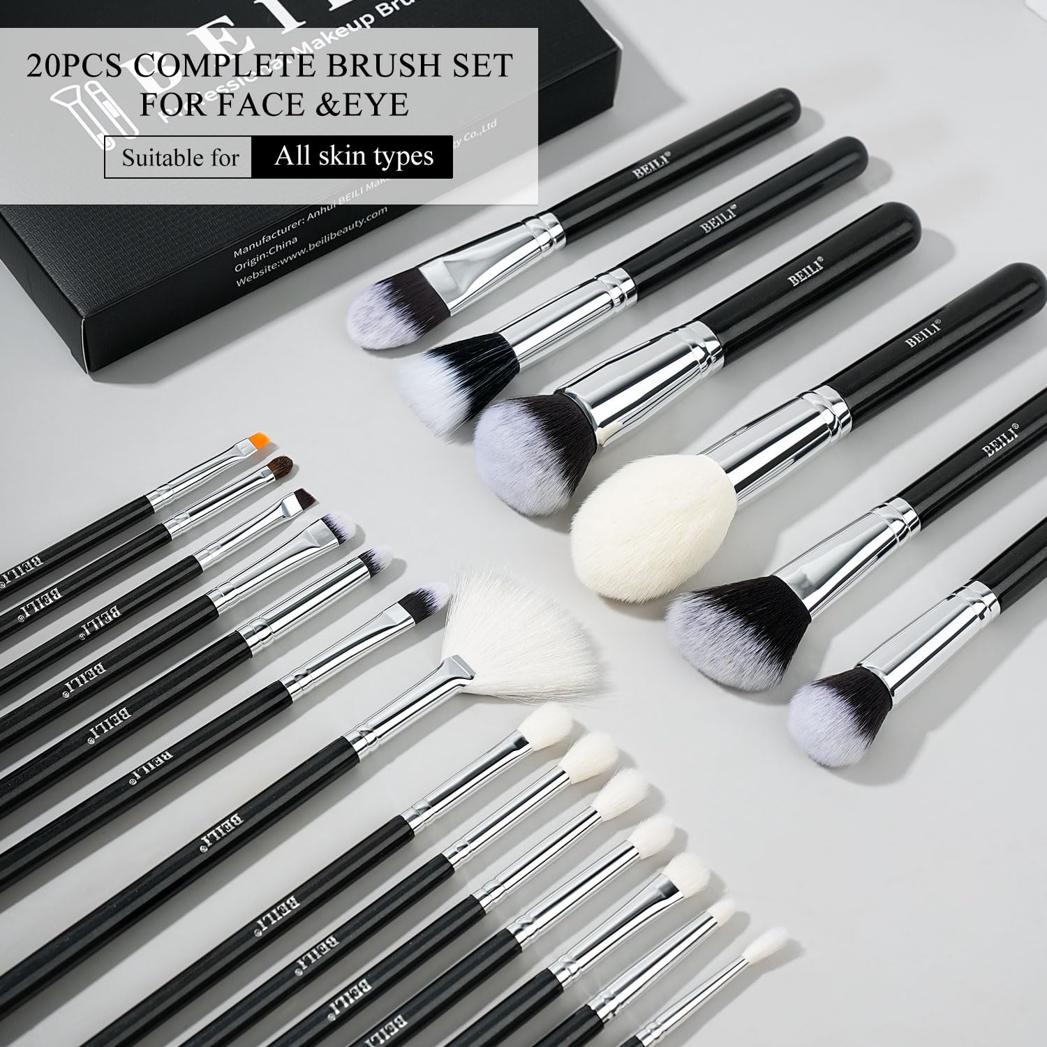 BEILI Set Pennelli Trucco 20 Pezzi Nero Pelo Naturale