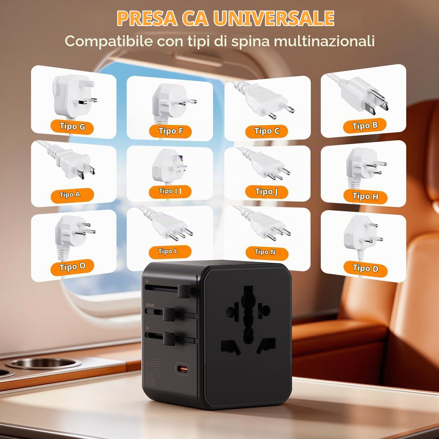 Auxmir Adattatore Viaggio Universale 45W Nero