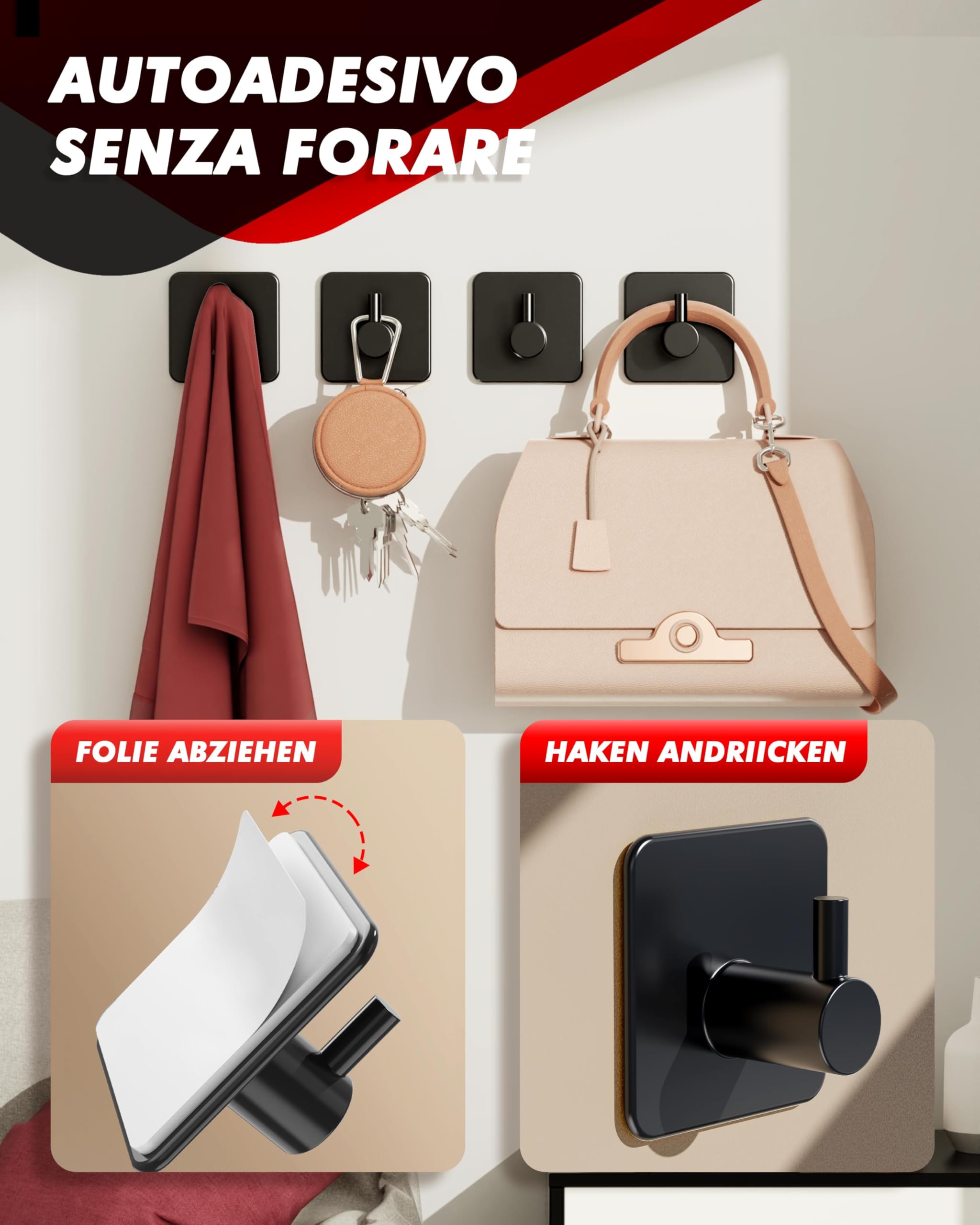 Auxmir Set 4 Ganci Adesivi acciaio inox neri 5kg