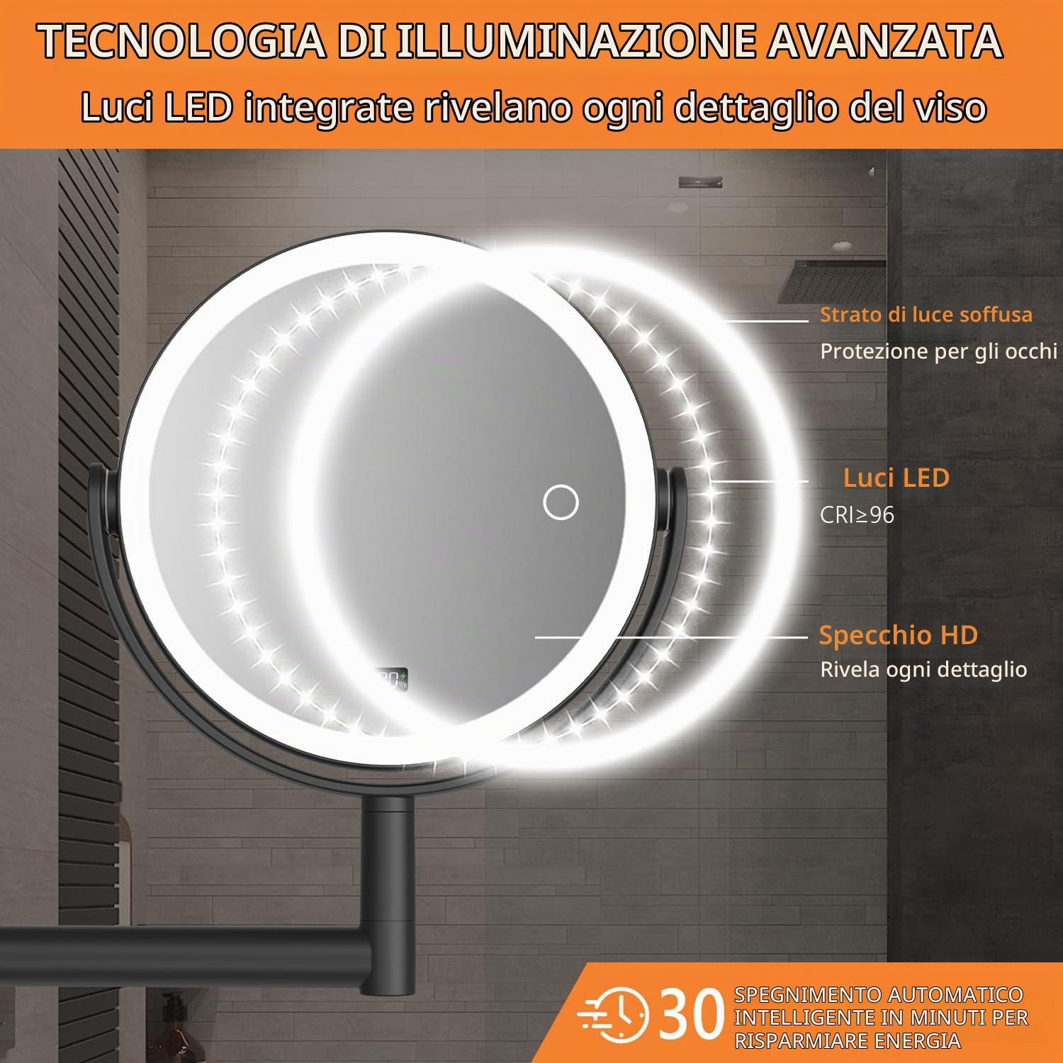 Auxmir Specchio Trucco LED da Parete 30X/1X nero