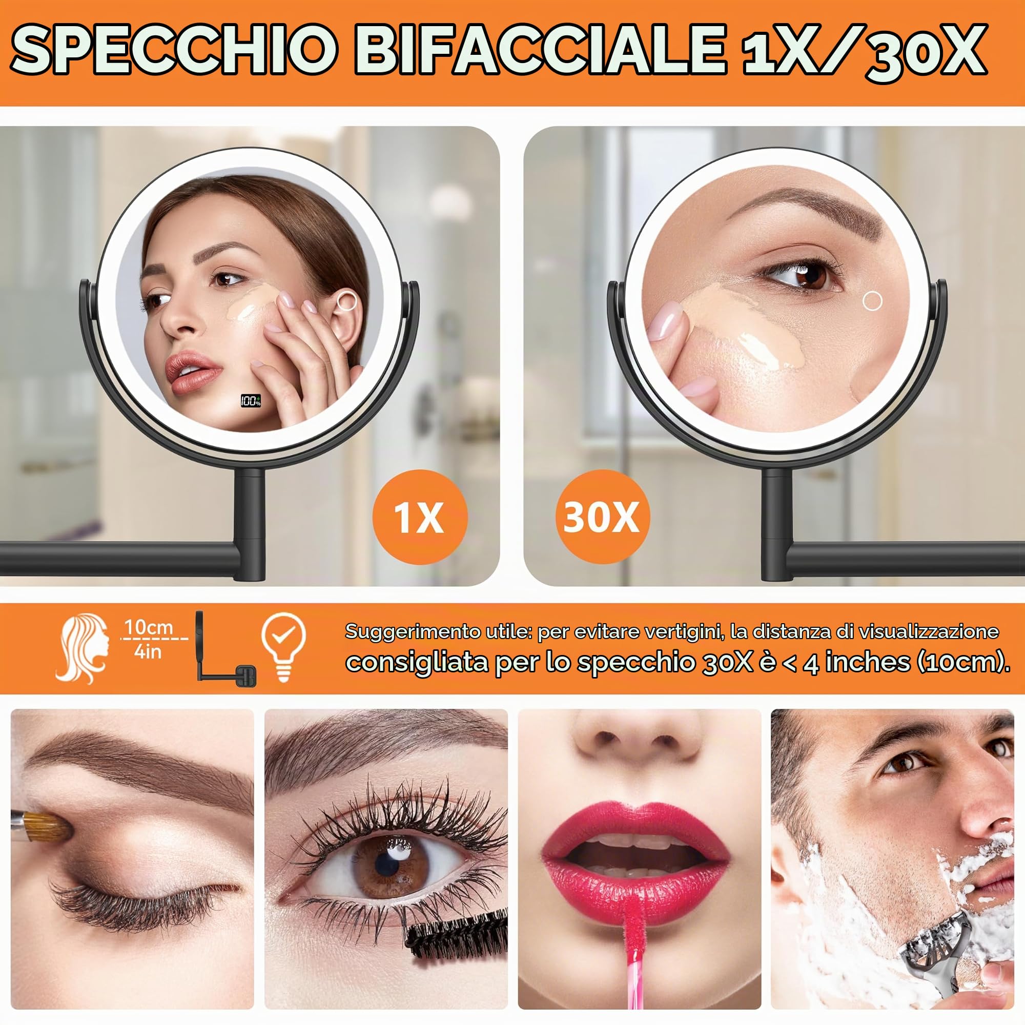Auxmir Specchio Trucco LED da Parete 30X/1X nero