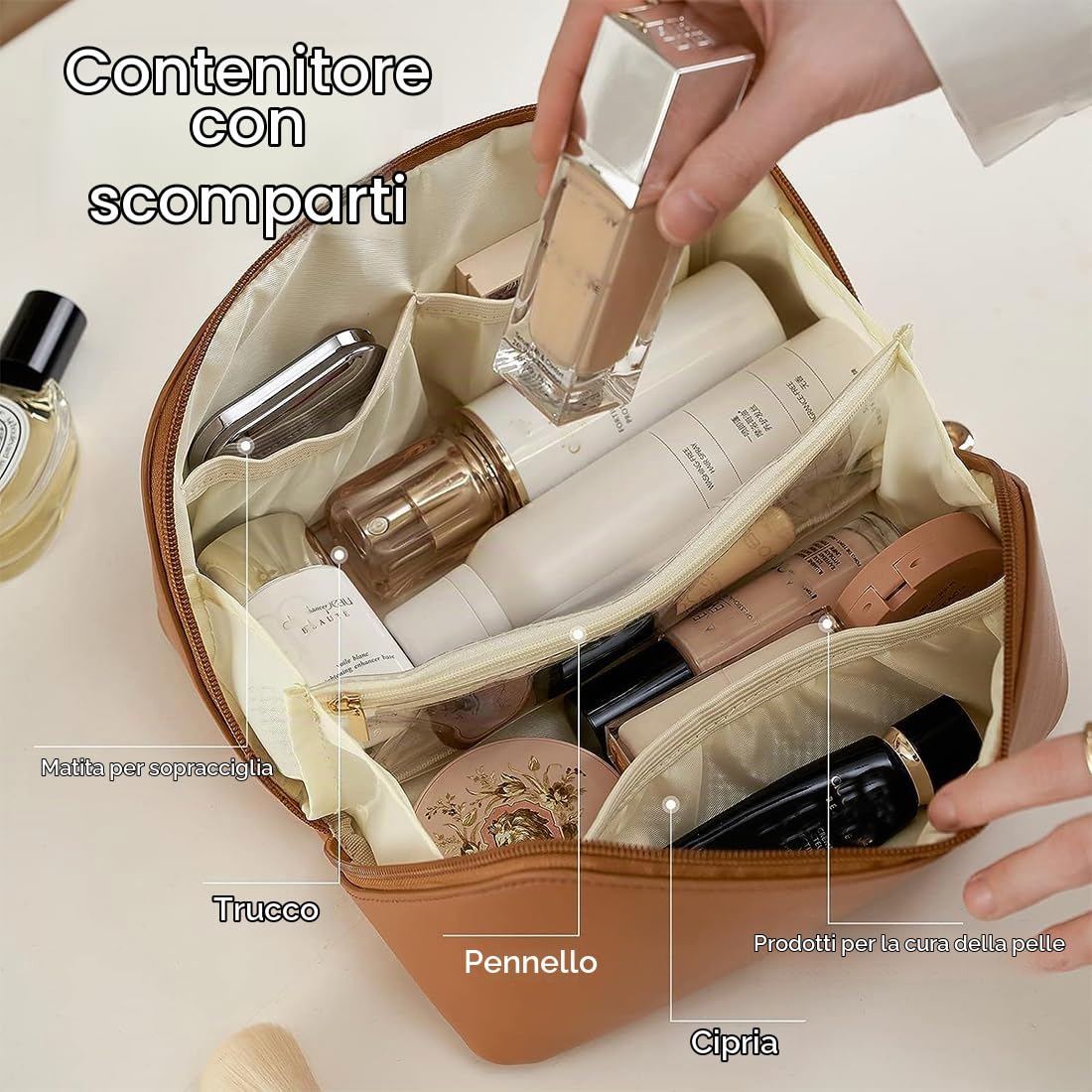 SJBAUTYO Essentials Borsa Cosmetica Marrone Pelle PU