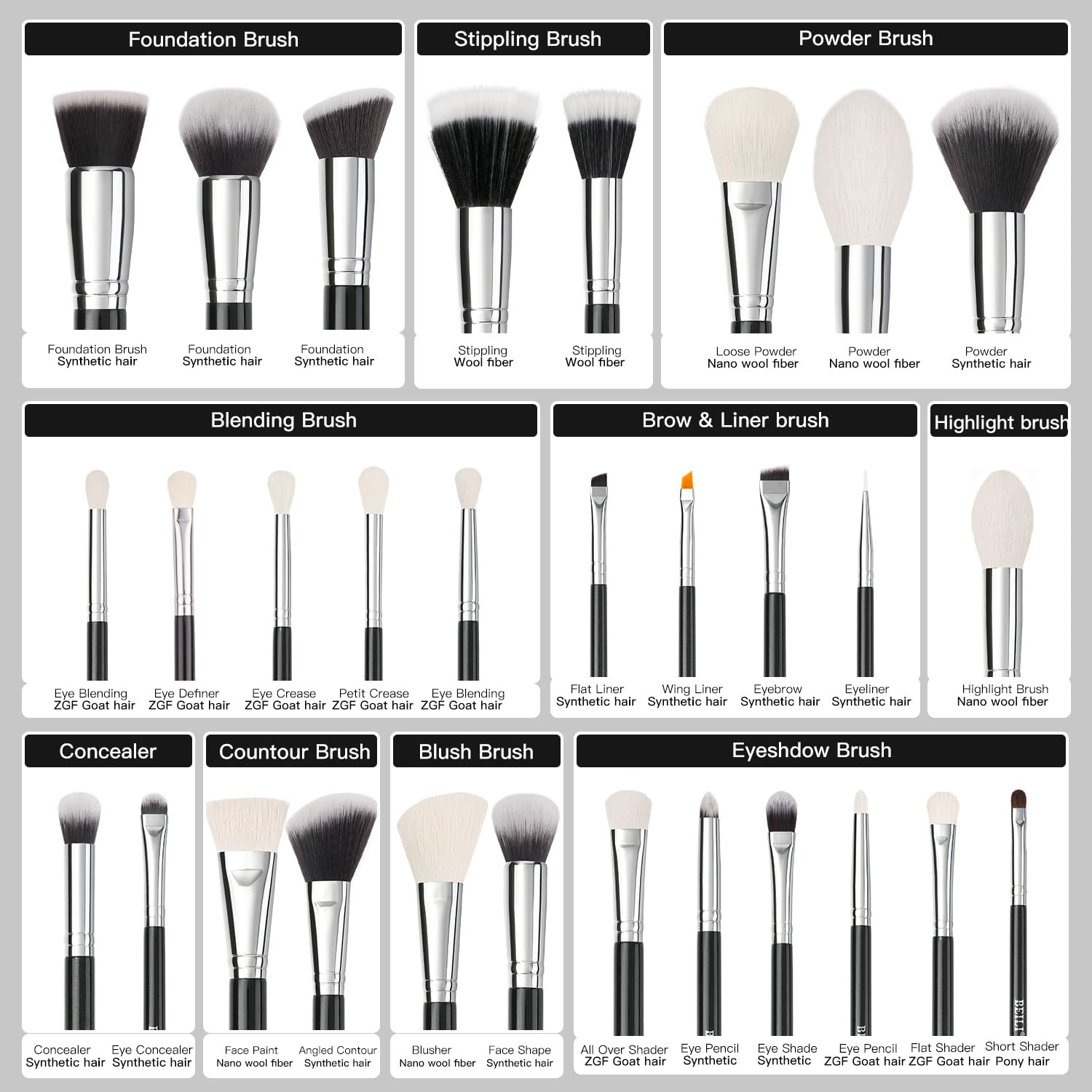 BEILI Set Pennelli Trucco 30 Pezzi Viso e Occhi Pelo Capra