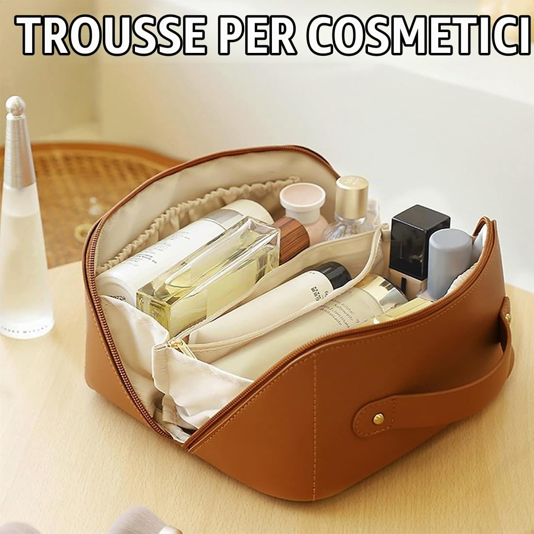 SJBAUTYO Essentials Borsa Cosmetica Marrone Pelle PU