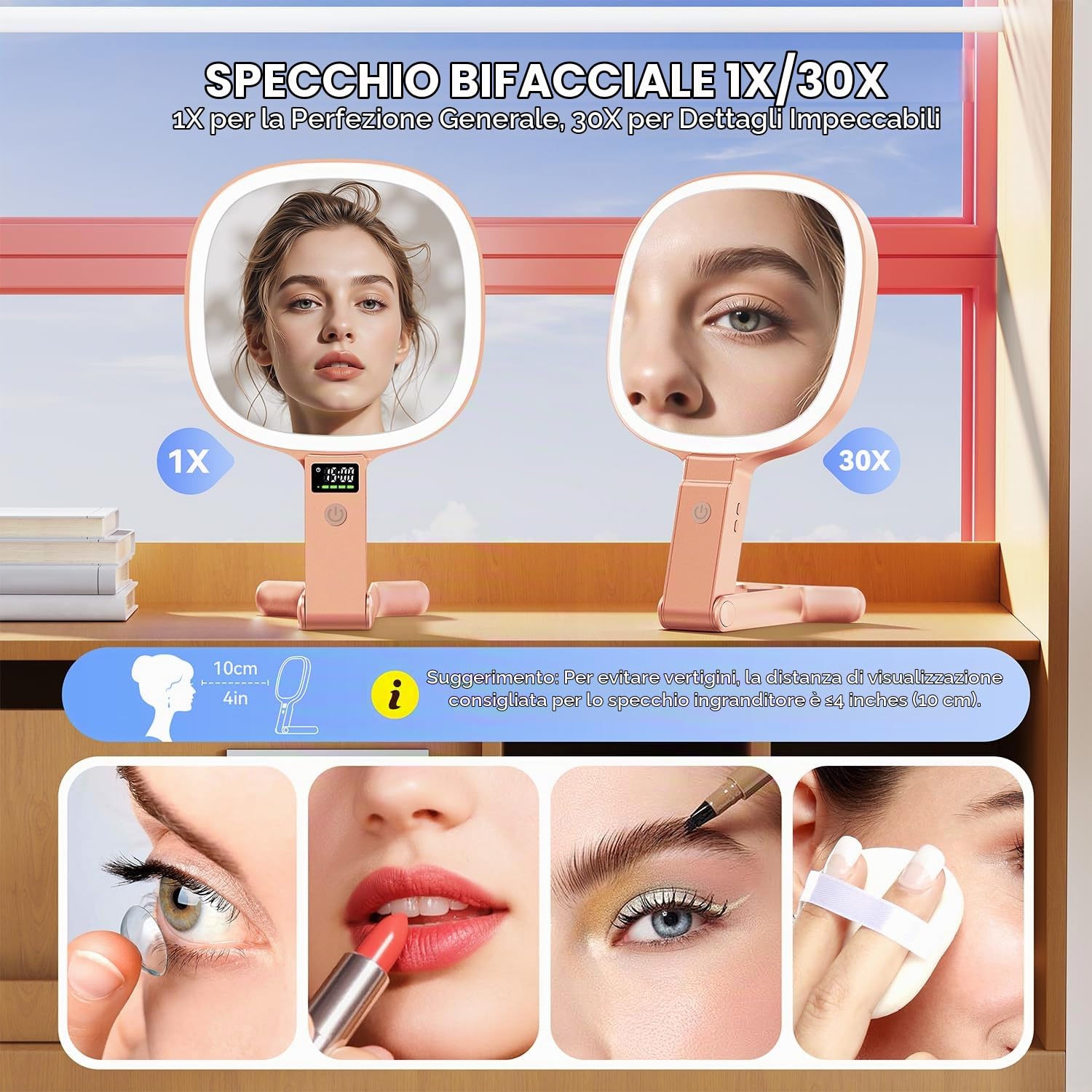 Auxmir Specchio Trucco LED 30X/1X Oro Rosa Ricaricabile
