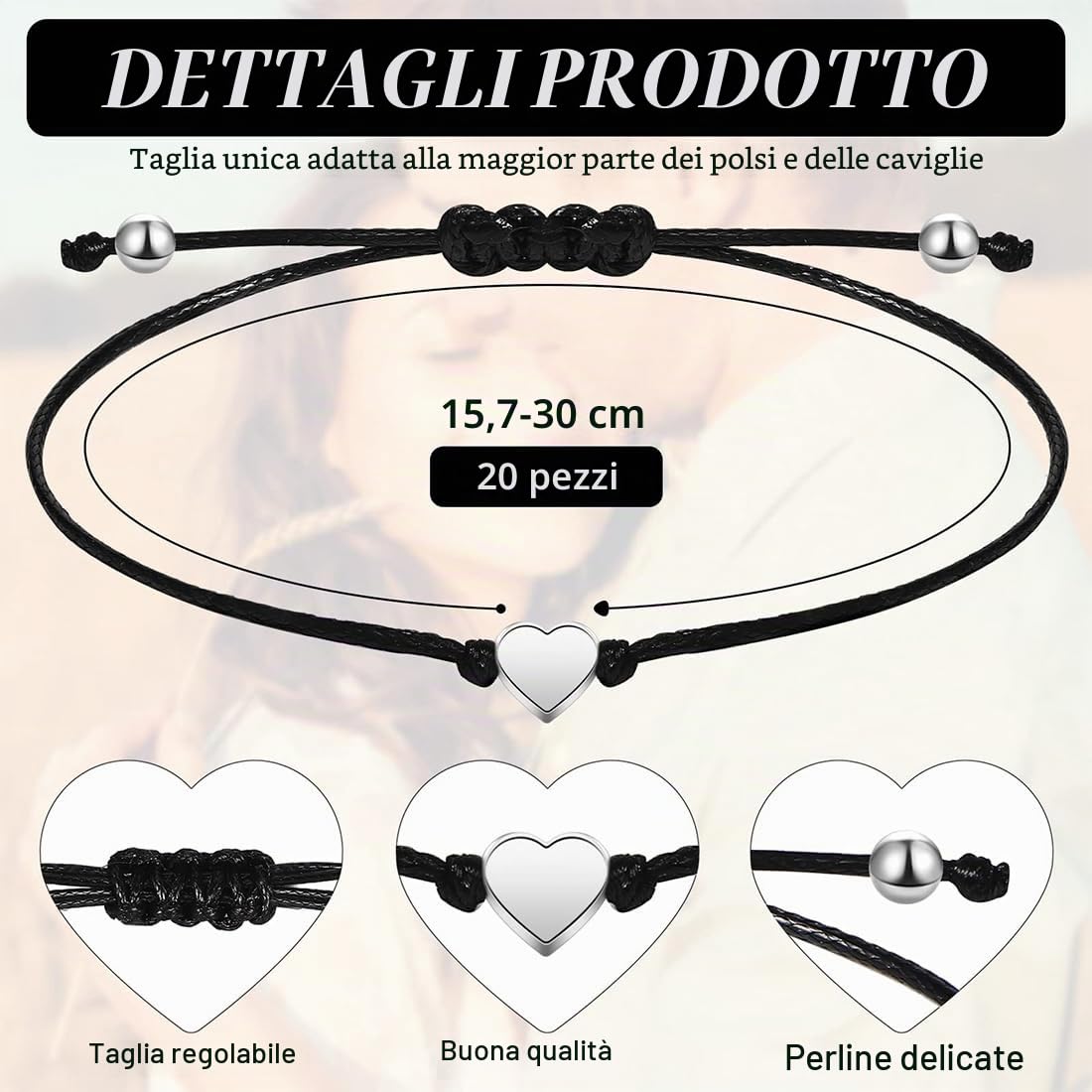 SJBAUTYO Set 2 Braccialetti Corda Neri Cuore Cavigliera