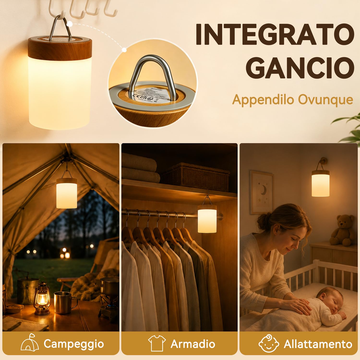 Auxmir Lampada da Comodino LED Touch Marrone 3000mAh