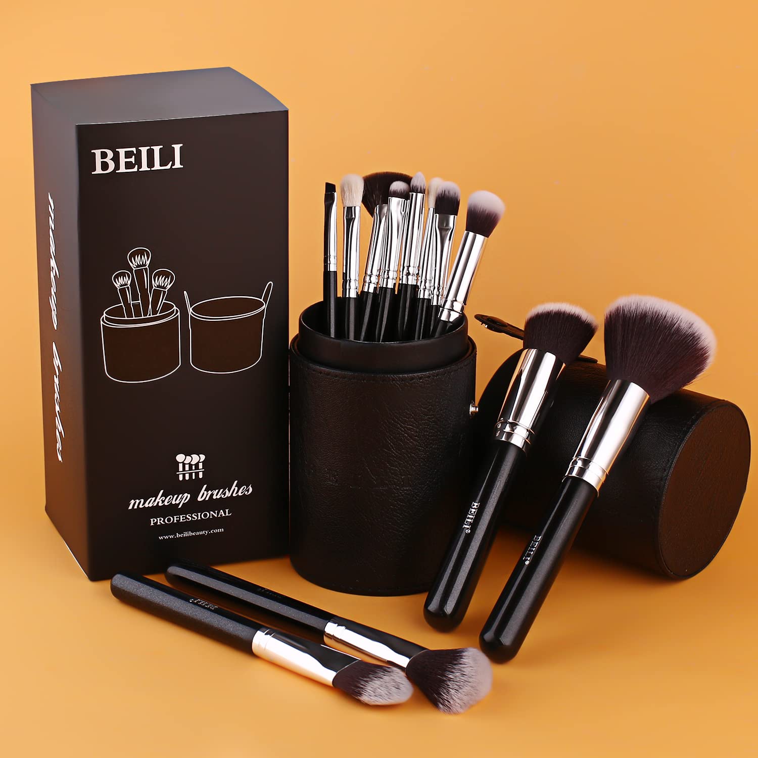 BEILI Set 12 Pennelli Trucco Sintetici con Custodia Neri