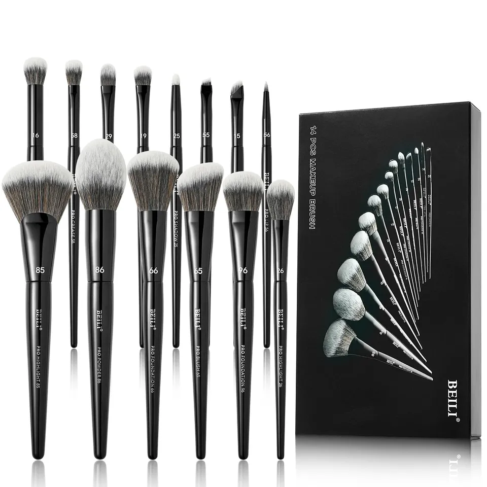 BEILI Set 14 Pennelli Trucco Vegani Neri Viso e Occhi