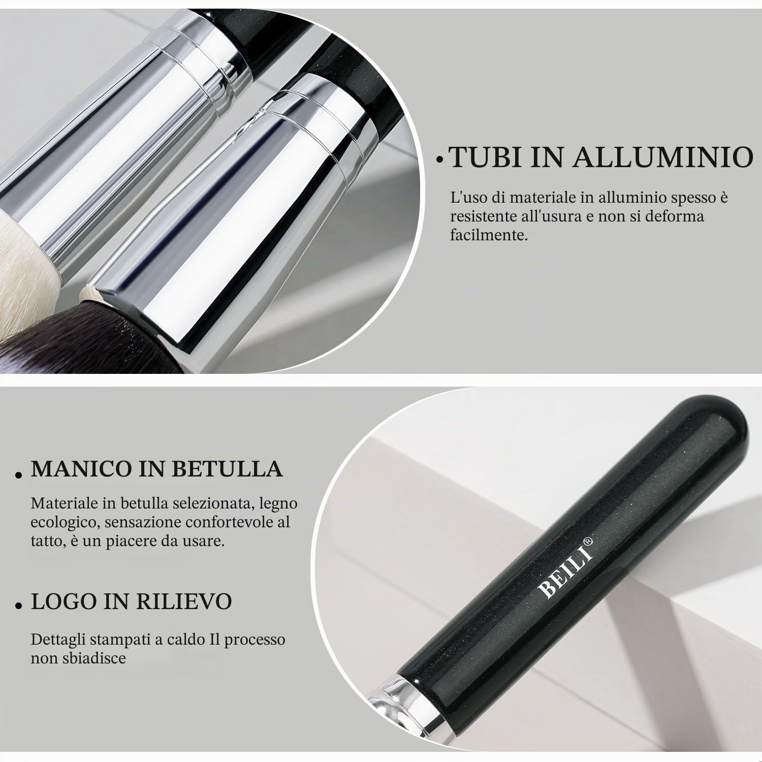 BEILI Set 15 Pennelli Trucco Pelo di Capra Nero