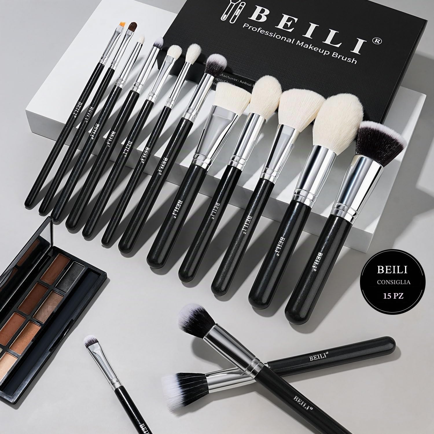 BEILI Set 15 Pennelli Trucco Pelo di Capra Nero