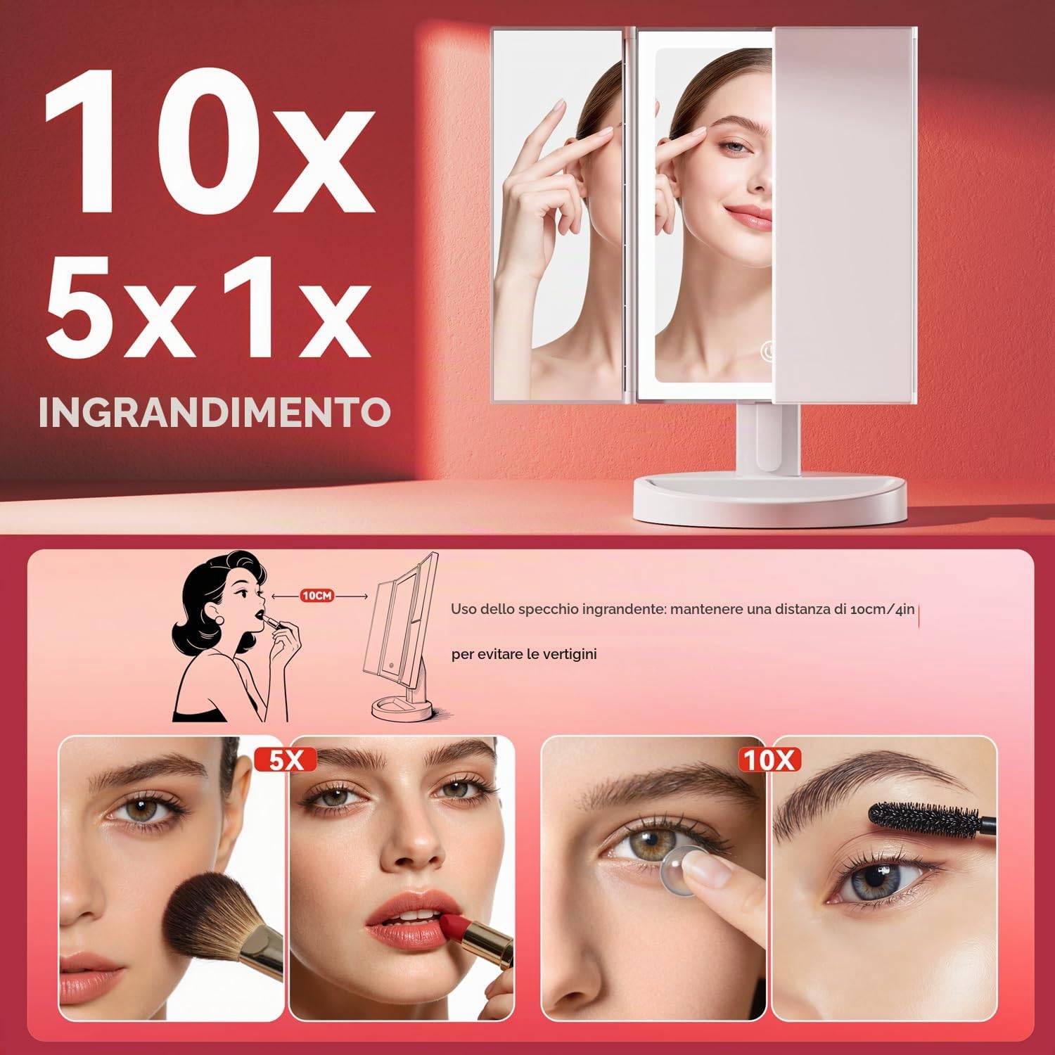 Auxmir Specchio Trucco con Luci 1X/5X/10X Bianco Ricaricabile