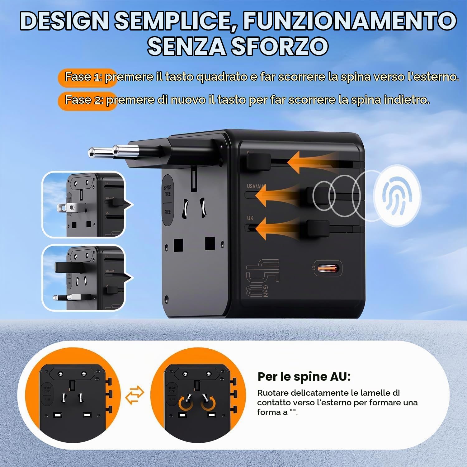 Auxmir Adattatore Viaggio Universale 45W Nero