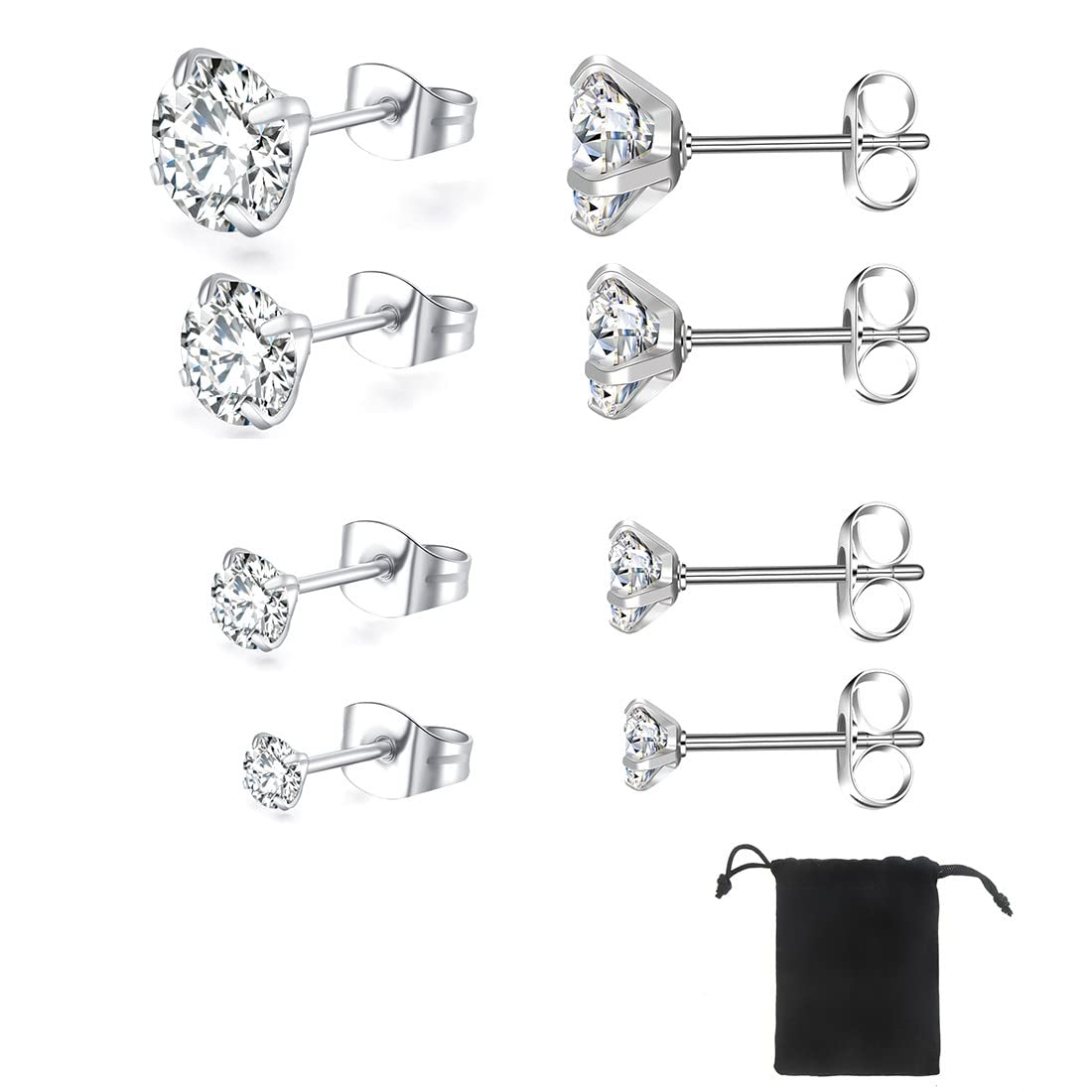 SJBAUTYO orecchini punto luce argento zirconia 4 paia 3-6mm