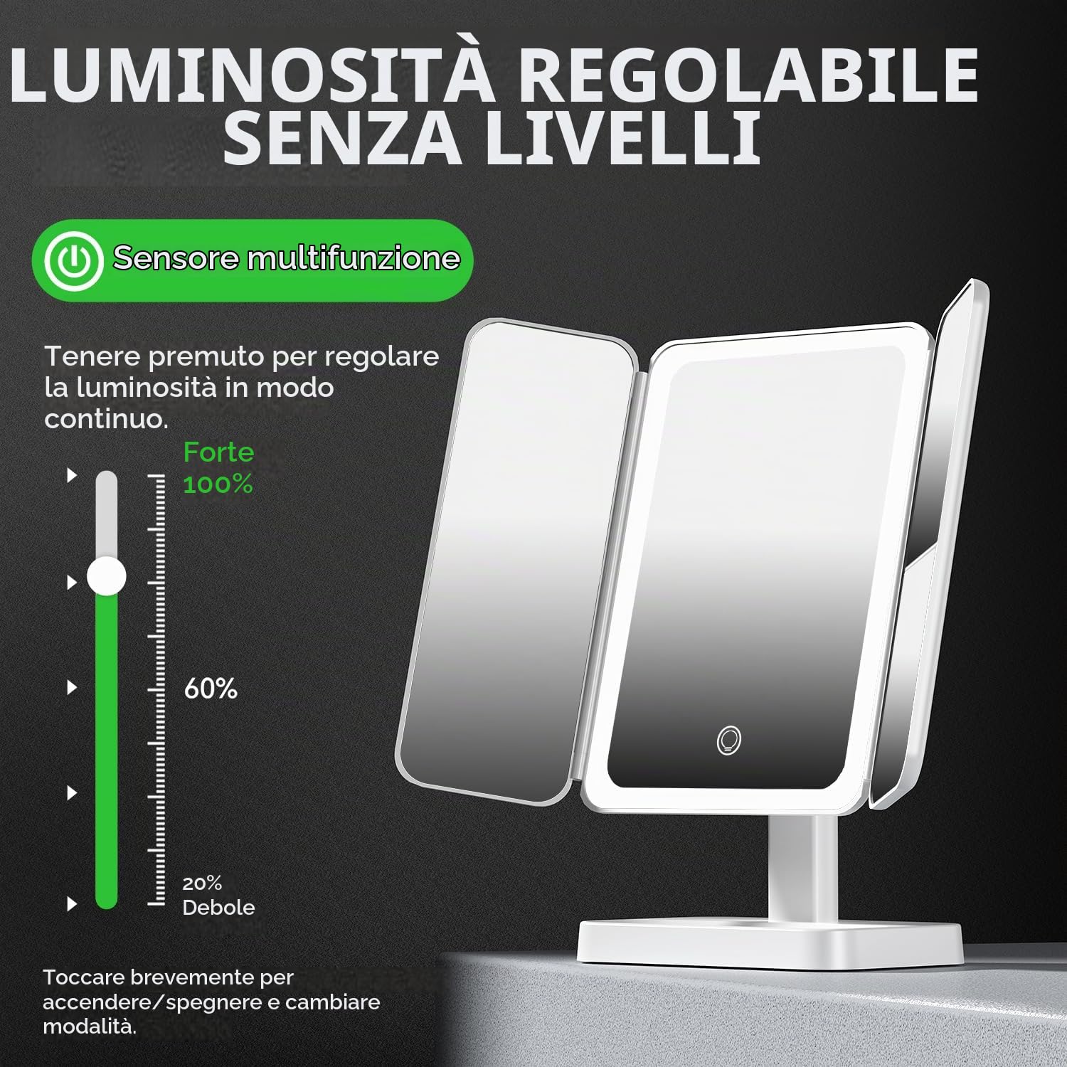 Auxmir Specchio Trucco 52 LED 1X/2X/3X Ricaricabile USB-C