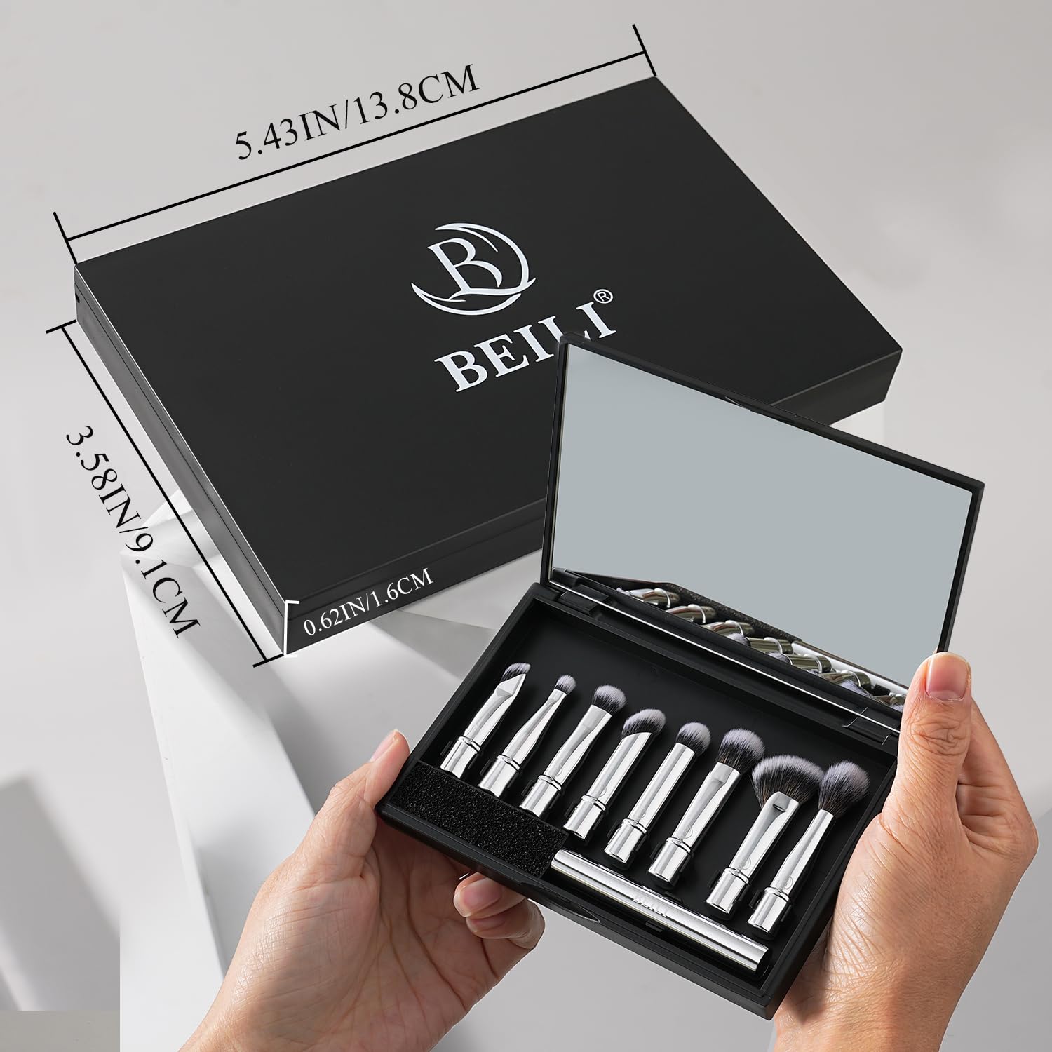 BEILI Set 8 Pennelli Trucco Viaggio Argento con Specchio