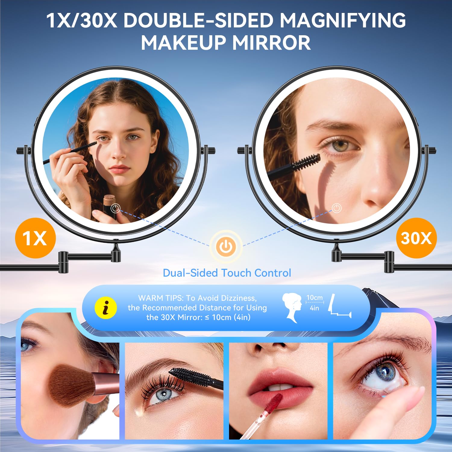 Auxmir Specchio Trucco 30X/1X Specchio da Parete Nero 25 cm LED