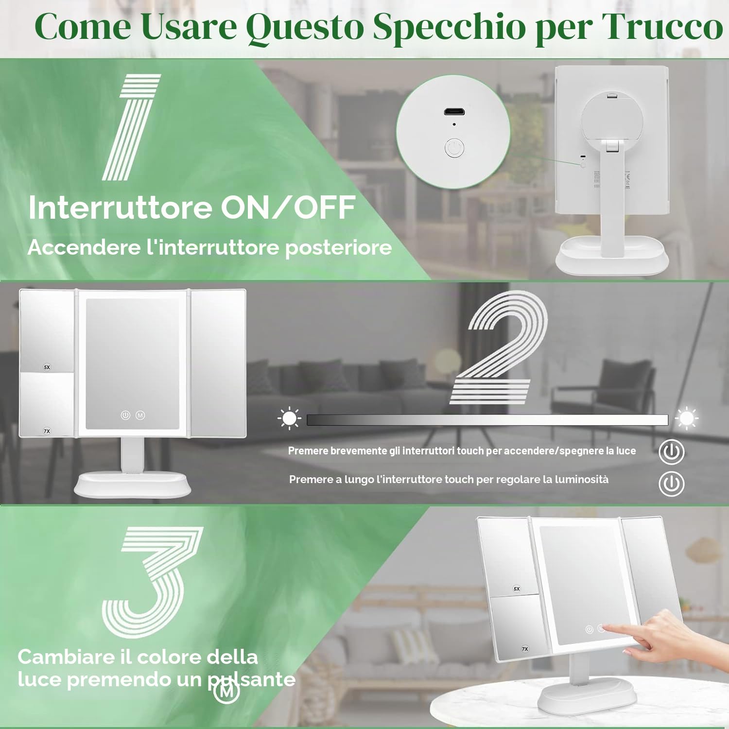 Auxmir Specchio Trucco con Luci 60 LED 1X 5X 7X Pieghevole