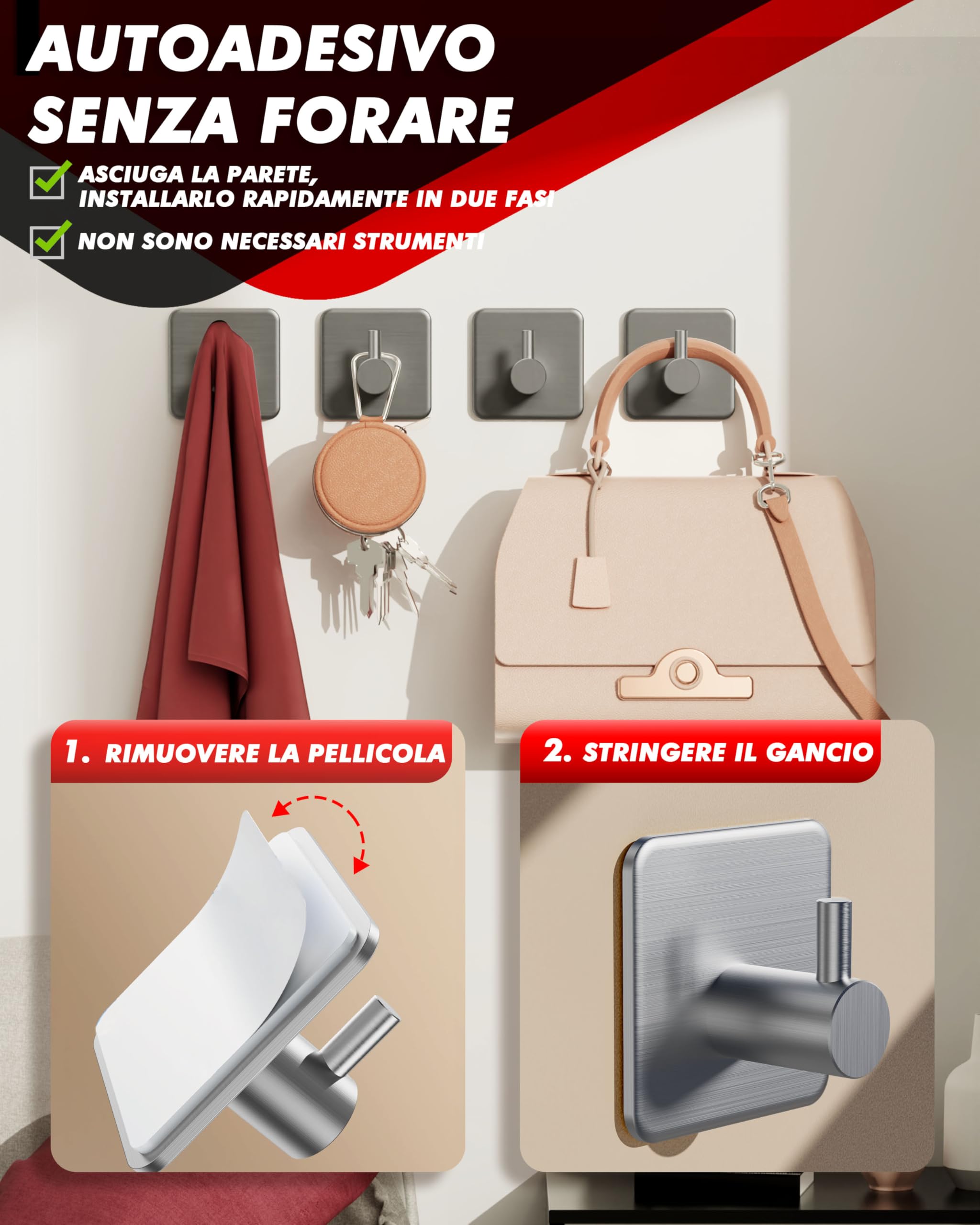 Auxmir Ganci Adesivi Argento-M 6 Pezzi Acciaio Inox
