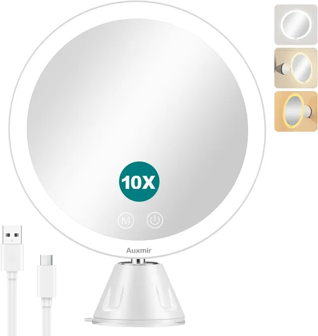 Auxmir Specchio Ingranditore 10X Specchio Trucco 20 cm Ventosa LED