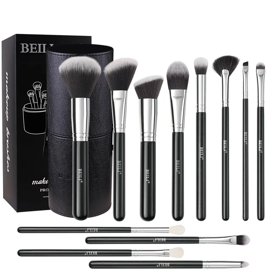 BEILI Set 12 Pennelli Trucco Sintetici con Custodia Neri